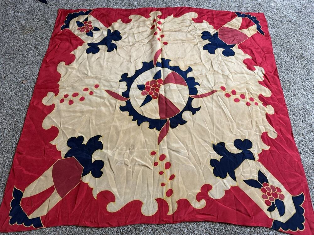 Vintage JM Silk Scarf Bold Abstract Art Deco Print Red Cream Blue 32 X 30.5in